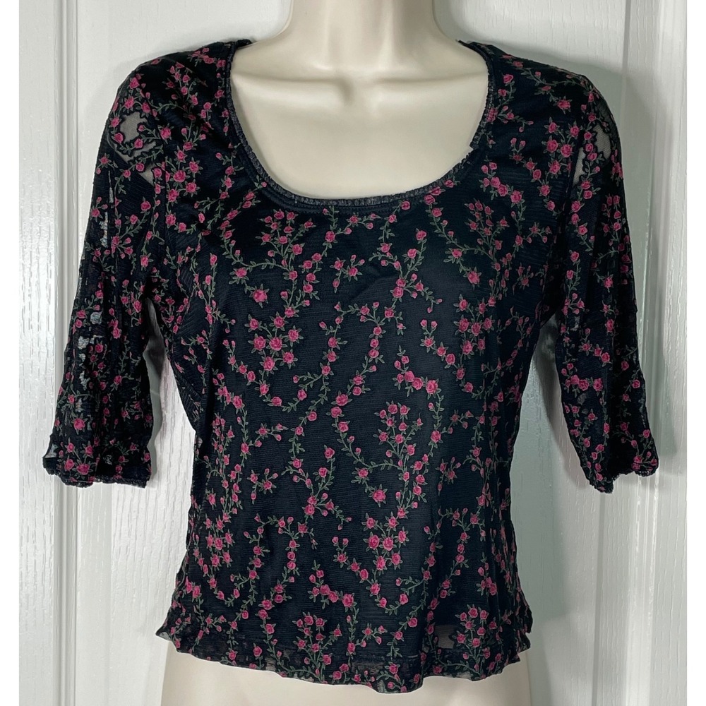Vintage y2k‎ Whimsigoth Fairy Floral Top Small Black Mesh 3/4 Sleeve Rosecore